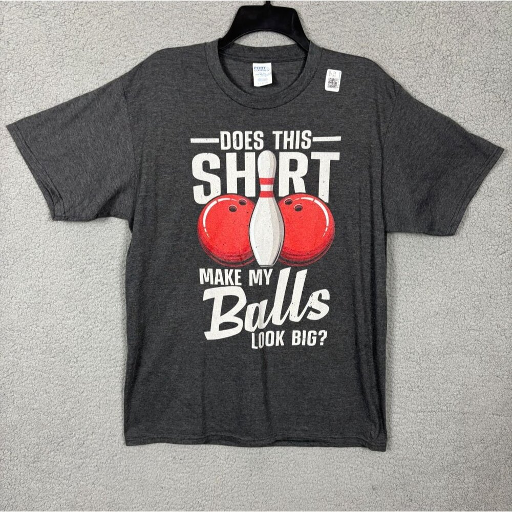 Mens Does This Short Make My Bowling Balls Look Big Graphic Tee Gray Lg NWOT